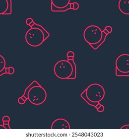 Red line Bowling pin and ball icon isolated seamless pattern on black background. Sport equipment.  Vector