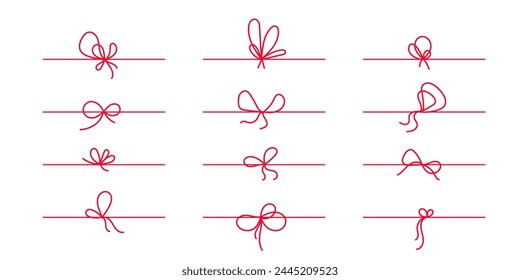 Red line bows on ribbon for gift decoration. String with rope knots in doodle style, simple thin line wedding elements isolated on white background.