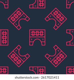 Red line Bridge for train icon isolated seamless pattern on black background.  Vector