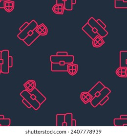 Red line Briefcase with shield icon isolated seamless pattern on black background. Insurance concept. Security, safety, protection, protect concept.  Vector