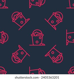 Línea roja Cubo con icono de espuma y burbujas aislado patrón sin fisuras sobre fondo negro. El concepto de servicio de limpieza.  Vector