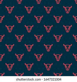 Red line Buffalo skull icon isolated seamless pattern on black background.  Vector Illustration