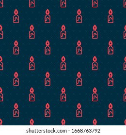 Red line Burning candle icon isolated seamless pattern on black background. Cylindrical candle stick with burning flame.  Vector Illustration