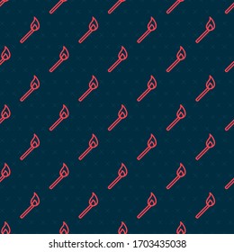 Red line Burning match with fire icon isolated seamless pattern on black background. Match with fire. Matches sign.  Vector Illustration