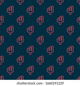 Red line Cactus icon isolated seamless pattern on black background.  Vector Illustration