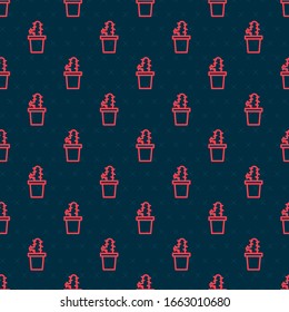 Red line Cactus peyote in pot icon isolated seamless pattern on black background. Plant growing in a pot. Potted plant sign.  Vector Illustration