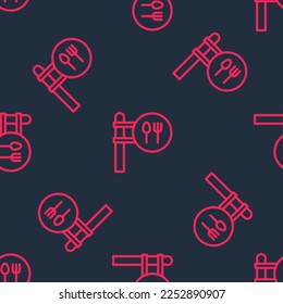 Red line Cafe and restaurant location icon isolated seamless pattern on black background. Fork and spoon eatery sign inside pinpoint.  Vector.