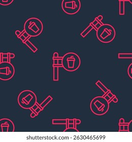 Red line Cafe and restaurant location icon isolated seamless pattern on black background. Fork and spoon eatery sign inside pinpoint.  Vector.