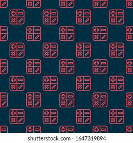 Red line Calculator icon isolated seamless pattern on black background. Accounting symbol. Business calculations mathematics education and finance.  Vector Illustration