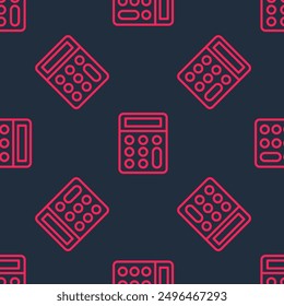 Red line Calculator icon isolated seamless pattern on black background. Accounting symbol. Business calculations mathematics education and finance.  Vector
