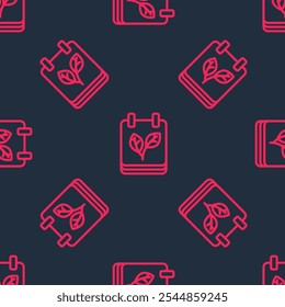Red line Calendar with autumn leaves icon isolated seamless pattern on black background.  Vector
