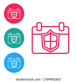 Red line Calendar with shield icon isolated on white background. Insurance concept. Guard sign. Security, safety, protection, privacy concept. Set icons in circle buttons. Vector.