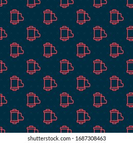 Red line Camera vintage film roll cartridge icon isolated seamless pattern on black background. 35mm film canister. Filmstrip photographer equipment.  Vector Illustration