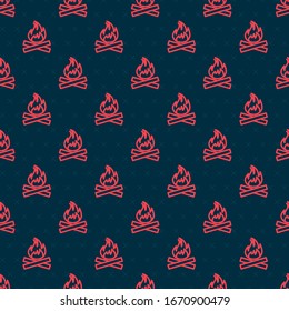 Red line Campfire icon isolated seamless pattern on black background. Burning bonfire with wood.  Vector Illustration