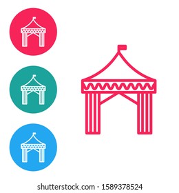 Red line Camping tent icon isolated on white background. Carnival camping tent. Amusement park. Set icons in circle buttons. Vector Illustration