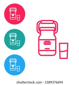 Red line Can container for milk and glass icon isolated on white background. Set icons in circle buttons. Vector Illustration
