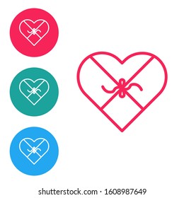 Red line Candy in heart shaped box and bow icon isolated on white background. Valentines Day. Set icons in circle buttons. Vector Illustration