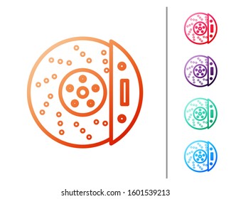 Red line Car brake disk with caliper icon isolated on white background. Set color icons. Vector Illustration