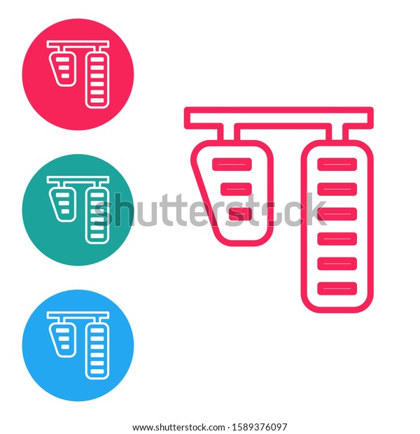 Red line\
Car gas and brake pedals icon isolated on white background. Set\
icons in circle buttons. Vector\
Illustration