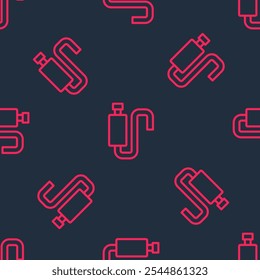 Red line Car muffler icon isolated seamless pattern on black background. Exhaust pipe.  Vector