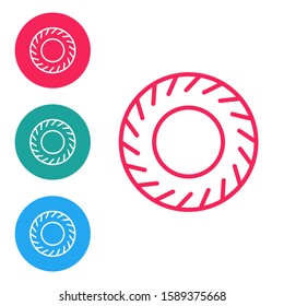 Red line Car tire icon isolated on white background. Set icons in circle buttons. Vector Illustration