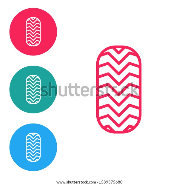 Red line Car tire\
icon isolated on white background. Set icons in circle buttons.\
Vector Illustration