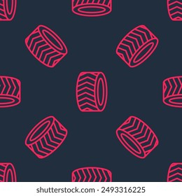 Red line Car tire wheel icon isolated seamless pattern on black background.  Vector