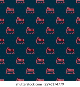 Red line Cargo ship with boxes delivery service icon isolated seamless pattern on black background. Delivery, transportation. Freighter with parcels, boxes, goods.  Vector