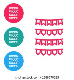 Red line Carnival garland with flags icon isolated on white background. Party pennants for birthday celebration, festival and fair decoration. Set icons in circle buttons. Vector Illustration