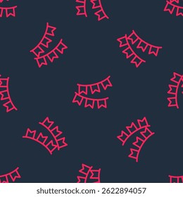 Red line Carnival garland with flags icon isolated seamless pattern on black background. Party pennants for birthday celebration, festival decoration.  Vector