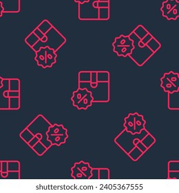 Red line Carton cardboard box with discount percent tag icon isolated seamless pattern on black background. Box, package, parcel sign. Delivery and packaging.  Vector