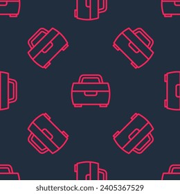 Red line Case or box container for wobbler and gear fishing equipment icon isolated seamless pattern on black background. Fishing tackle.  Vector