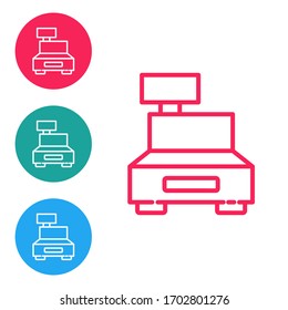 Máquina registradora de línea roja de caja con un icono de cheque aislado en fondo blanco. Signo de cajero. Símbolo de caja. Establezca iconos en los botones de círculo. Ilustración vectorial