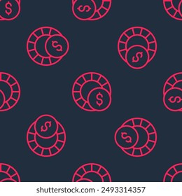 Red line Casino chips icon isolated seamless pattern on black background. Casino gambling.  Vector
