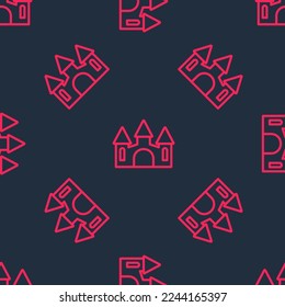 Red line Castle icon isolated seamless pattern on black background. Medieval fortress with a tower. Protection from enemies. Reliability and defense of the city.  Vector