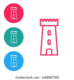 Red line Castle tower icon isolated on white background. Fortress sign. Set icons in circle buttons. Vector Illustration