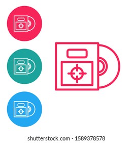 Red line CD or DVD disk in box icon isolated on white background. Compact disc sign. Set icons in circle buttons. Vector Illustration
