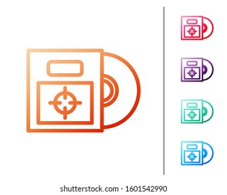 Red line CD or DVD disk in box icon isolated on white background. Compact disc sign. Set color icons. Vector Illustration