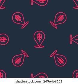 Red line Cereals set with rice, wheat, corn, oats, rye, barley icon isolated seamless pattern on black background. Ears of wheat bread symbols.  Vector