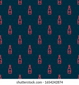Red line Champagne bottle icon isolated seamless pattern on black background.  Vector Illustration