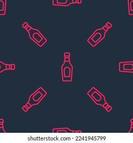 Red line Champagne bottle icon isolated seamless pattern on black background. Merry Christmas and Happy New Year.  Vector