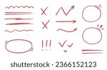 Red line check mark, underline, circle. Hand drawn doodle sketch red marker stroke emphases, highlight, check mark elements. Study focus, important underline, circle sketch. Vector illustration.