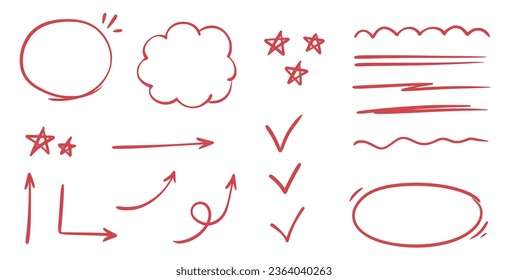 Red line check mark, underline, circle. Hand drawn doodle sketch red marker stroke emphases, highlight, check mark elements. Study focus, important underline, circle sketch. Vector illustration.