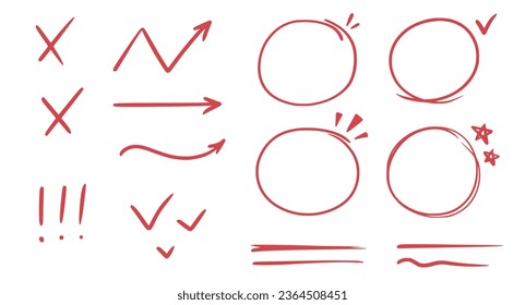 Red line check mark, underline, circle. Hand drawn doodle sketch red marker stroke emphases, highlight, check mark elements. Study focus, important underline, circle sketch. Vector illustration.