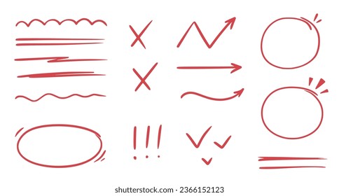 Marca de verificación de línea roja, subrayado, círculo. Dibujo de doodle dibujado a mano enfásis de trazo de marcado rojo, resaltado, marca de verificación elementos. Enfoque de estudio, subrayado importante, esbozo de círculo. Ilustración vectorial.