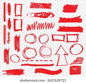 Red line check mark, underline, circle. Hand drawn doodle sketch red marker stroke emphases, highlight, check mark elements. Study focus, important underline, circle sketch. Vector illustration