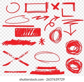Red line check mark, underline, circle. Hand drawn doodle sketch red marker stroke emphases, highlight, check mark elements. Study focus, important underline, circle sketch. Vector illustration