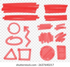 Red line check mark, underline, circle. Hand drawn doodle sketch red marker stroke emphases, highlight, check mark elements. Study focus, important underline, circle sketch. Vector illustration.