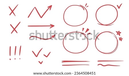 Red line check mark, underline, circle. Hand drawn doodle sketch red marker stroke emphases, highlight, check mark elements. Study focus, important underline, circle sketch. Vector illustration.