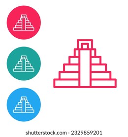 Línea roja Chichen Itza en icono maya aislado en fondo blanco. La antigua pirámide maya. Famoso monumento de México. Establezca los iconos en los botones de círculo. Vector